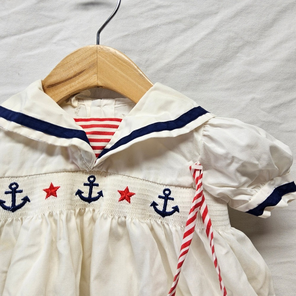 Vintage Sailor Dress Baby Girl 12 Months Cream Nautical‎ Smocked Anchor Star